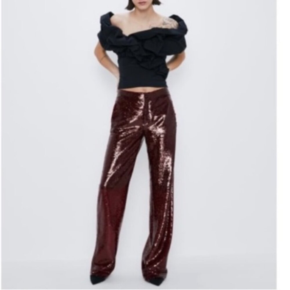 ZARA Burgundy Red Sequin Pants size XS